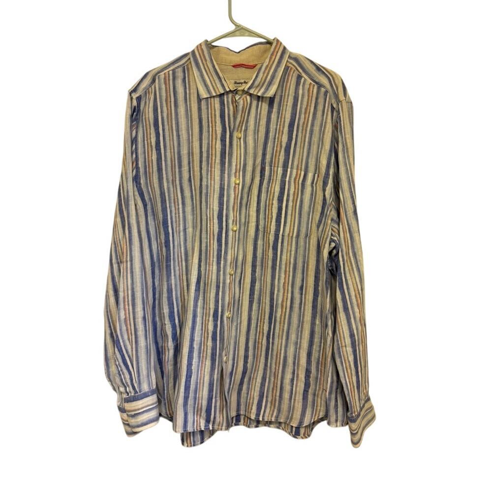 Tommy Bahama Men’s Blue Striped Linen Long Sleeve Shirt Size XL